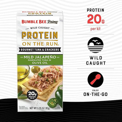 Bumble Bee Prime Protein on the Run Tuna Snack Kit - Gourmet Tuna Marinated in Olive Oil & Mild Jalapeno with Crackers and Serving Utensil - 20g of Protein Per Serving (Pack of 3), Easy Open Cans