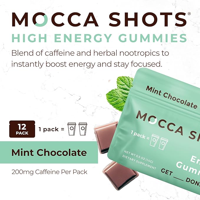 SGC Highest Concentration 100 mg Caffeine per Gummy, 2 Gummies per Pack, 12-Pack Mocca Shots Mint Chocolate Plant-Based Instant Energy with Herbal Nootropics
