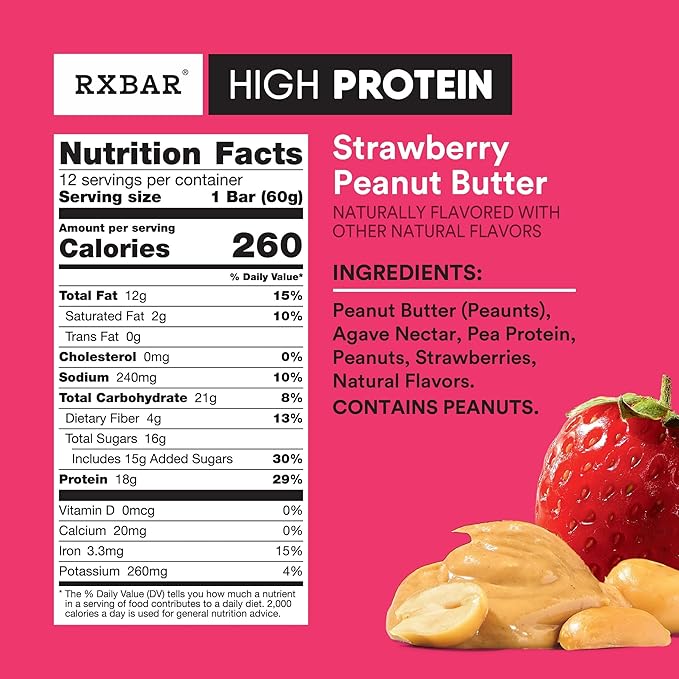 RXBAR High Protein Bars, Gluten Free, Protein Snacks, Strawberry Peanut Butter, 25.3oz Box (12 Bars)
