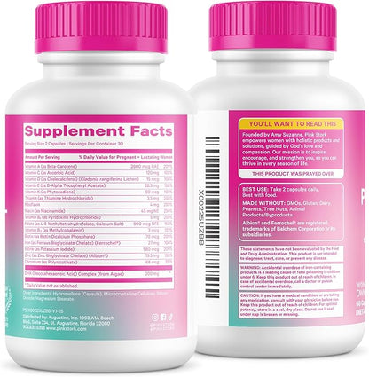 Pink Stork Total Postnatal Vitamins for Women with Vegan DHA, Iron, Folate, and Vitamin B12, Postpartum Recovery Essentials, Daily Supplement for Breastfeeding Moms - 3 Month Supply