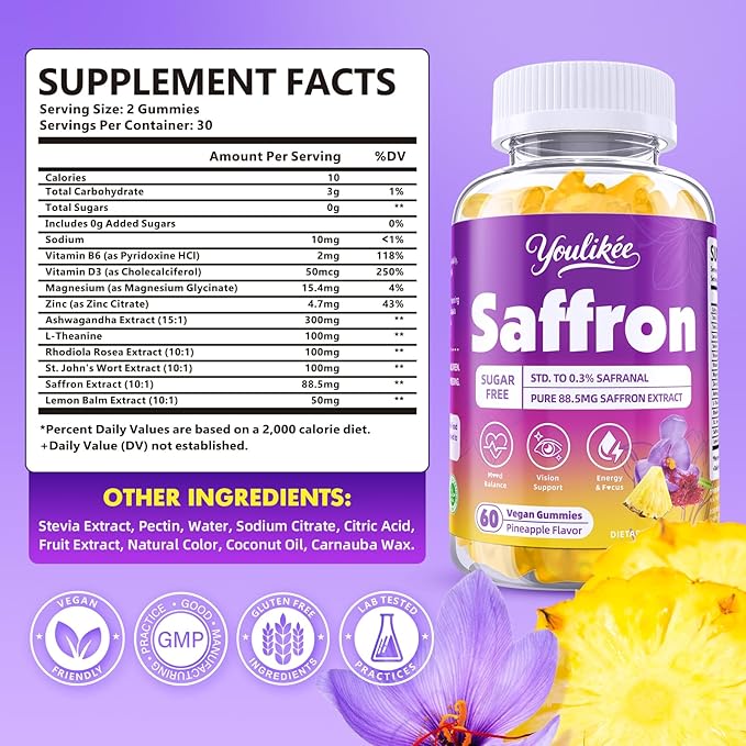 2 Pack Saffron Gummies 88.5mg - Saffron Supplements with Magnesium, Rhodiola Rosea, Ashwagandha, L-Theanine, Vitamins D3 & B6, Zinc - Supports Antioxidant Function, Pineapple Flavor, 120 Count