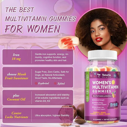 Totaria Sugar Free Multivitamin Gummies for Women 14+ w/Iron, Inositol, Folate, Biotin, Womens Daily Multivitamin Gummy w/Vitamin A, C, B, D3, K2, for Hair, Skin, Energy, Immune, Mixed Flavors