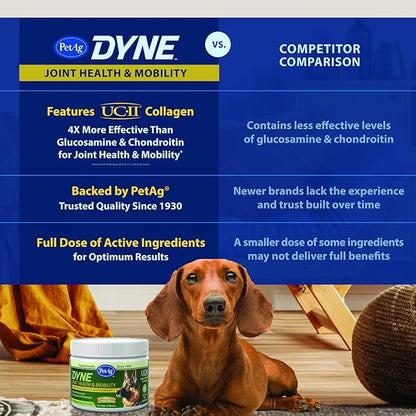 PetAg Dyne Soft Chews, Joint Health & Mobility Supplement - Vet-Formulated for Dogs - with UC-II® Collagen - Up to 4X More Effective Than Glucosamine/Chondroitin - 45 Chicken Liver Flavor Chews
