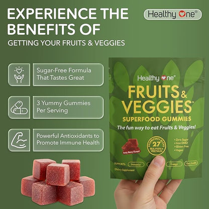 Fruits & Veggies Sugar-Free Gummies - 27 Whole Foods - Equals 3 Servings of Fruits & Vegetables - Improve Energy, Focus & Immune Function - Fiber - Antioxidants - Organic Ingredients - 28 Packets