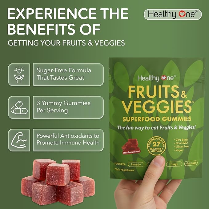 Fruits & Veggies Sugar-Free Gummies - 27 Whole Foods - Equals 3 Servings of Fruits & Vegetables - Improve Energy, Focus & Immune Function - Fiber - Antioxidants - Organic Ingredients - 14 Packets