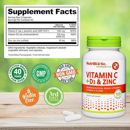 NutriBiotic – Vitamin C + Vitamin D3 & Zinc, 100 Capsules | Potent, Comprehensive Immune Support | Essential & Antioxidant Daily Supplement | Gluten & GMO Free (Pack of 2)