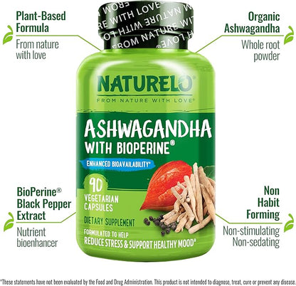 NATURELO Ashwagandha Organic Root Powder - Natural Herbs Supplement for Fatigue, Stress Relief, Mood Enhancer - with Black Pepper Extract - 90 Vegan Capsules