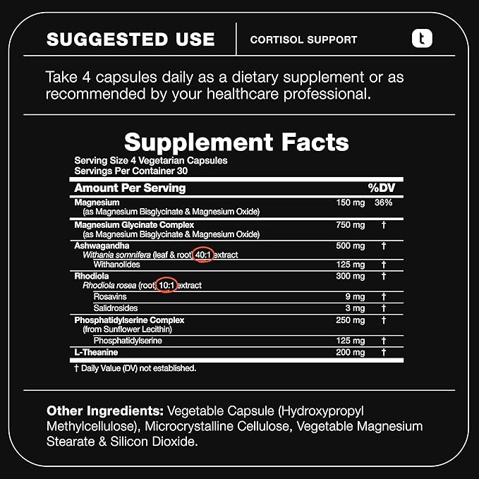 Cortisol Supplement for Women and Men — Calm, Balanced-Strength 5-in-1 Non-Drowsy, Third-Party Tested with Magnesium Glycinate, Ashwagandha, L-Theanine, Phosphatidylserine, Rhodiola — 120 Capsules