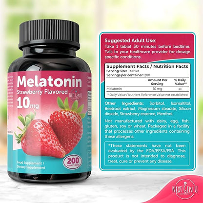 Melatonin Tablets - 10 mg Dietary Supplement - Strawberry Flavored - 200 Vegan Tablets - by NextGenU