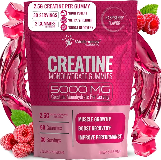 Creatine Gummies 5000mg, 30 Servings Creatine Monohydrate Gummies - Third-Party Tested Creatine for Women, Raspberry Flavor Creatine for Men, Muscle Growth, Strength, and Recovery - Pack of 1