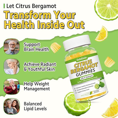 Citrus Bergamot Gummies, Citrus Bergamot Supplement for High Cholesterol, Cholesterol Lowering Supplement for Heart, Immune System & Healthy Aging Support, Sugar Free, Vegan, Lemon Flavor, 60 Count