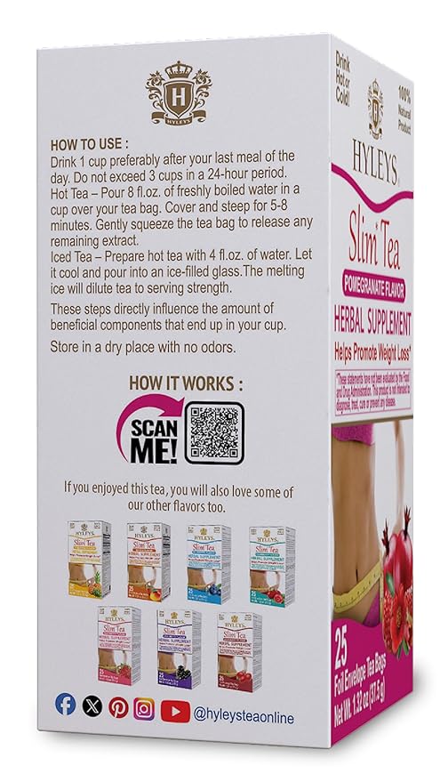 Hyleys Slim Tea Pomegranate Flavor - Weight Loss Herbal Supplement Cleanse and Detox - 25 Tea Bags (1 Pack)