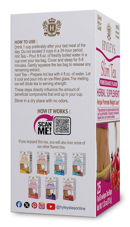 Hyleys Slim Tea Pomegranate Flavor - Weight Loss Herbal Supplement Cleanse and Detox - 25 Tea Bags (1 Pack)