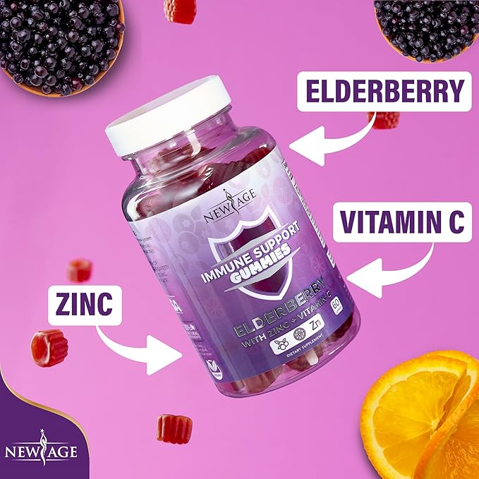 NEW AGE Immune System Support Gummies - Sambucus Black Elderberry Gummies with Vitamin C and Zinc (60 Count (Pack of 1))