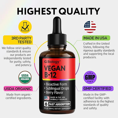 Organic Vitamin B12 Liquid Drops - Sublingual Methylcobalamin 5000 mcg - Methylated B-12 Active Coenzyme Form - Energy & Nerve System Support - Vegan Vit B 12 - USA Made - Berry Flavor - 60 servings
