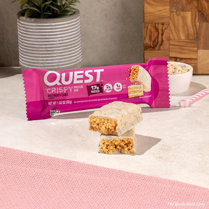 Quest Nutrition Crispy Birthday Cake Protein Bar, 17g Protein, 1g Sugar, 2g Net Carbs, Gluten Free Protein Snack, Keto Friendly, 4 Count