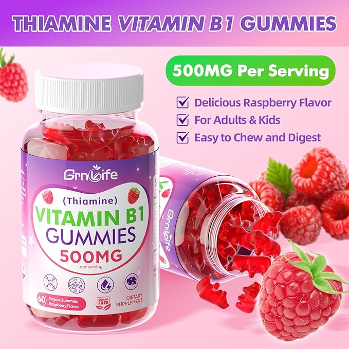 2 Pack Vitamin B1 Gummies 500mg for Adults & Kids – High Potency Thiamine B1 Supplement for Energy & Nervous System Support, Sugar-Free, Raspberry Flavor, 120 Count