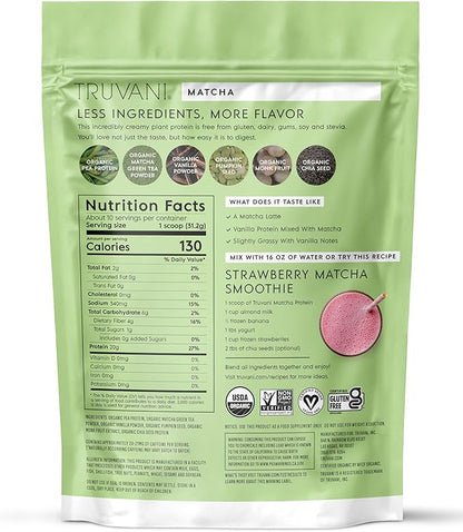 Truvani Vegan Pea Protein Powder | Matcha | 20g Organic Plant Based Protein | 10 Servings | Keto | Gluten & Dairy Free | Low Carb | No Added Sugar