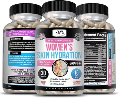 Kaya Naturals Skin Hydration Vitamins - Female Pills - Skin Enhancer Capsules -Hydration Booster for Women - Promotes Increased Energy, Mood & Stamina - Reduction in Dryness - 30 Veggie Capsules