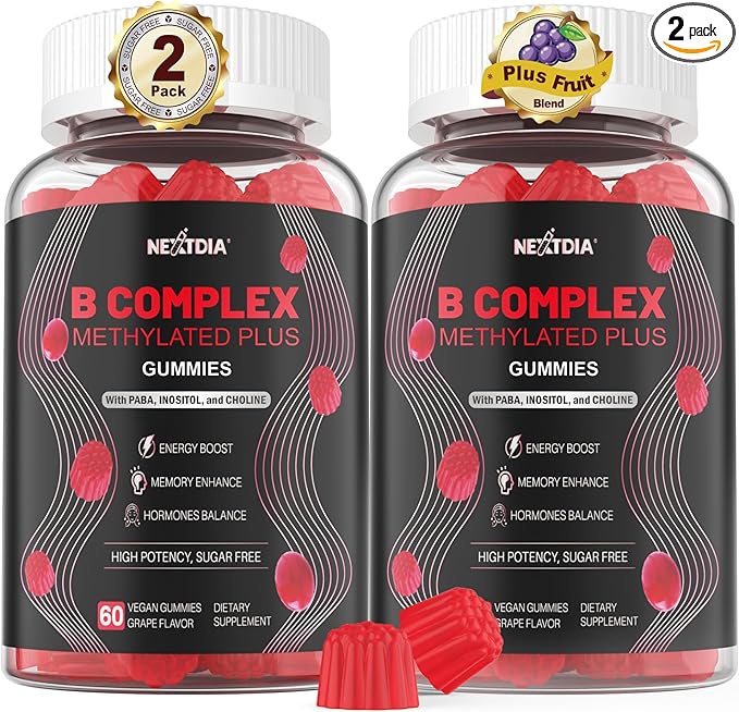 Nextdia Brain & Mood Support Gummies, Super Vitamin B Complex for Men & Women, All B Vitamin B1 B2 B3 B5 B6 B7 Folate MethyB12 with PABA, Inositol, Choline, Supports MTHFR Gene & Energy, Vegan, 120Ct