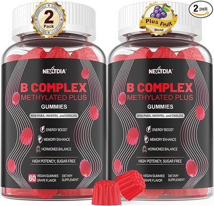 Nextdia Brain & Mood Support Gummies, Super Vitamin B Complex for Men & Women, All B Vitamin B1 B2 B3 B5 B6 B7 Folate MethyB12 with PABA, Inositol, Choline, Supports MTHFR Gene & Energy, Vegan, 120Ct