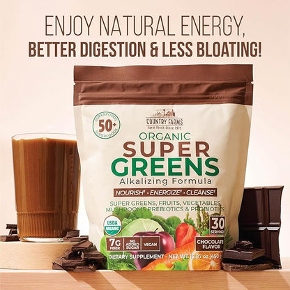Country Farms Super Greens Chocolate Flavor, 50 Organic Super Foods, USDA Organic Drink Mix (Wheat Grass, Spirulina, Chlorella) Mushrooms & Probiotics, with Fiber, Natural Energy, 30 Servings