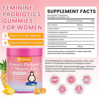 Her Juicy Feminine Probiotics Gummies for Women, Women's Probiotic Gummy with Slippery Elm - Supports pH Balance, Vaginal Health, Gut & Immune System Health for Women - Tasty Pineapple (60 Count)
