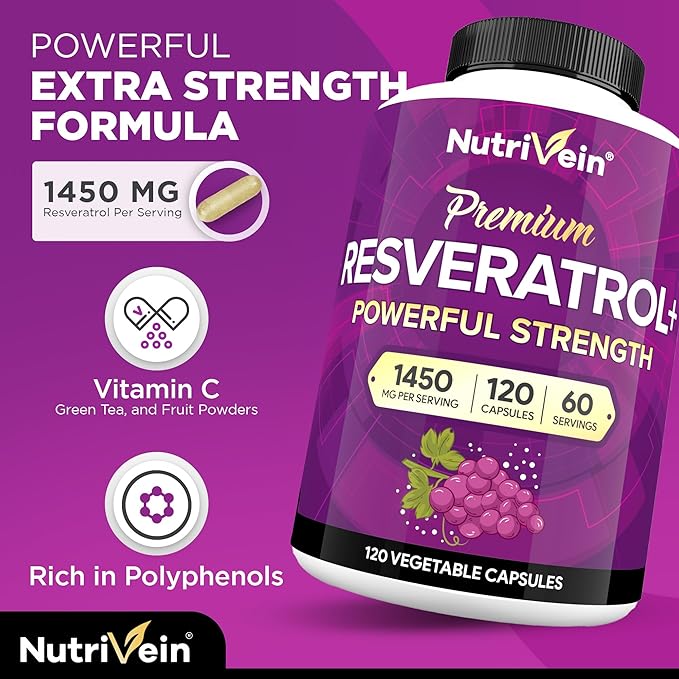 Nutrivein Premium Resveratrol 1450mg - 120 Caps: Pure Trans Resveratrol Supplement Enhanced with Green Tea Leaf & Acai Berry - Aging, Defenses, Brain, Heart, and Joint Support