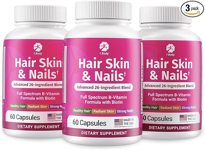1 Body Hair Skin Nails Vitamin Complex with Biotin - Complete Formula with 26 Essential Vitamins for Men & Women - 3 Pack