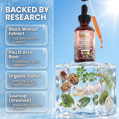 para Defend Wormwood Black Walnut Cleanse for Humans Drops Liquid Soursop Garlic Pumpkin Seed PAU D'Arco Oil of Oregano Turmeric Berberine Neem Extract Hull Bark Tincture by Clean Nutra