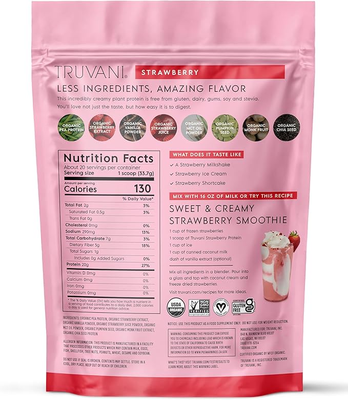 Truvani Vegan Pea Protein Powder | Strawberry | 20g Organic Plant Based Protein | 20 Servings | Keto | Gluten & Dairy Free | Low Carb | No Added Sugar