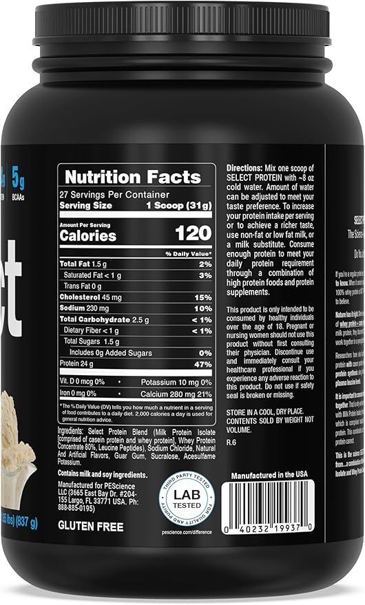 PEScience Select Protein Powder, Whey and Casein Blend, Lean Protein Powder for Women and Men, Low Calorie, Low Carb, Keto Friendly, Gluten Free, Gourmet Vanilla - 27 Servings