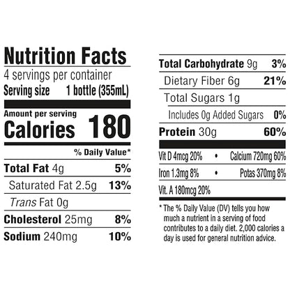 Oikos Protein Shake, Chocolate, 30g High Protein Drinks, Shelf Stable, Ready to Drink, 5g Prebiotic Fiber, 12 fl oz Bottle, 4 Count