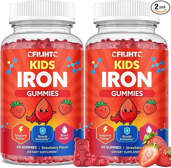 2PCS Iron Gummies for Kids & Teens, Kids Multivitamin with Iron Supplement, Calcium, Folate, Zinc, Prebiotic - for Blood Builder & Energy Support, Iron Deficiency - Vegan & Non-GMO - 120 Count