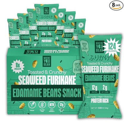 Where You Bean Edamame Beans Snack (Seaweed Furikake) - Crunchy and Dry Roasted Edamame Beans - High Protein Snacks, Keto and Vegan Healthy Snacks for Adults & Low Carb Asian Snack 0.9 oz (Pack of 8)