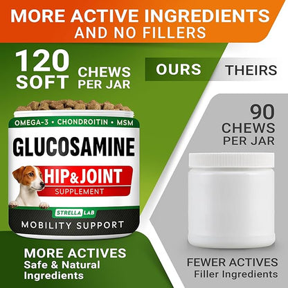 Glucosamine Treats for Dogs - Joint Supplement w/Omega-3 Fish Oil - Chondroitin, MSM - Advanced Mobility Chews - Joint Pain Relief - Hip & Joint Care - Chicken Flavor - 120 Ct - Made in USA