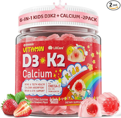 Vitamin D3 K2 + Calcium Liquid-filled Gummies for Kids & Teens, 1000IU / 2000IU D3 with Magnesium, Algal Omega 3, Kids Vitamins for Bones & Teeth, Calcium Absorption, Brain, Immune, Sugar-Free, 2Pack