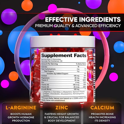 BIOTEQUELAB Height Growth Increase Gummies Vitamins, Grow Tall Supplement, Calcium, Magnesium, Zinc, Ashwagandha, Glucosamine Multivitamin for Teens, Kids, Adults