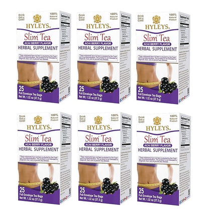 Hyleys Slim Tea Acai Berry Flavor - Weight Loss Herbal Supplement Cleanse and Detox - 25 Tea Bags (6 Pack)