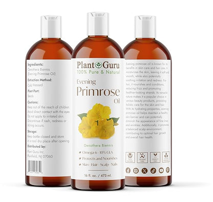 Plant Guru Evening Primrose Oil 16 fl. oz. Cold Pressed 100% Pure Natural Carrier - Skin, Face, Body and Hair Growth Moisturizer. Great For DYI Soap Making, Creams, and Lip balms.