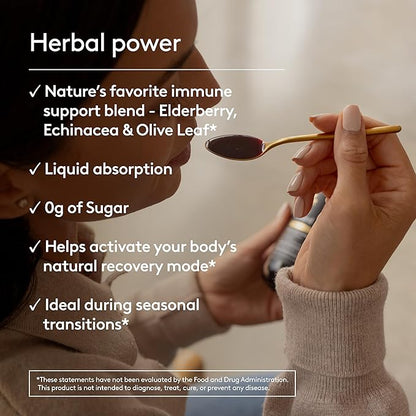 Immune + Wellbeing Syrup, Herbal Formula with Elderberry, Echinacea & Olive Leaf, High Absorption, Wild Berry Flavor, Plant-Based - 6.7 Fl oz (40 Servings)