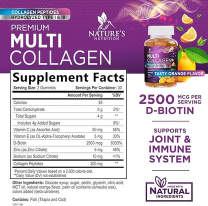 Collagen Peptides Gummies with 2500mcg Biotin Per Serving - Hair Growth, Skin & Nails Supplement - Hydrolyzed Collagen Multi Type I & III, Vitamin C for Immune Support, Orange Flavor, 60 Gummies