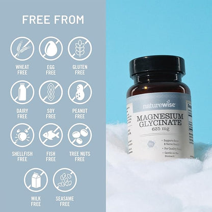 NatureWise Magnesium Glycinate 625 mg - High Absorption Chelated Magnesium Glycinate for Sleep, Relaxation, Muscle & Bones* - Gentle on Stomach, Vegan, Non-GMO - 90 Capsules[90-Day Supply]