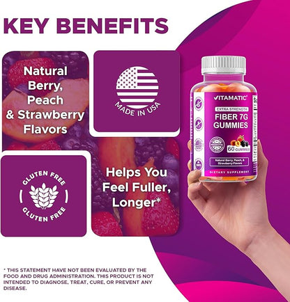 Vitamatic Prebiotic Fiber Gummies for Digestive Health & Regularity, Extra Strength, 7g Fiber per Serving, Zero Sugar Added, Made in USA, 60 Count (2 Pack)