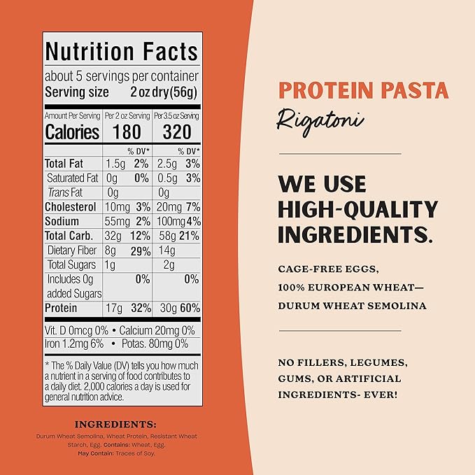 Al Dente Protein Pasta Rigatoni – 30g High Protein, Lower Carb, High Fiber. Artisanal Flavor: Cage-Free Eggs & Semolina. Keto and Point-Based Diet-Friendly. 10oz Bags (Pack of 8)