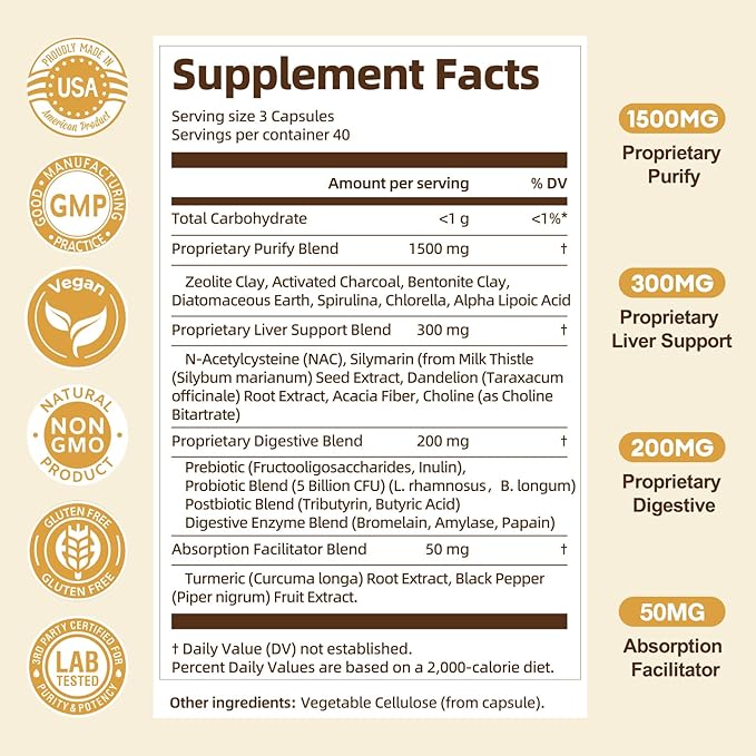 Totaria 2000MG All-in-1 Detox Binder, Activated Charcoal, Zeolite, Bentonite Clay, Alpha Lipoic Acid, 7-Layer Detox & Cleanse Supplement, Liver & Gut Support, 120 Counts