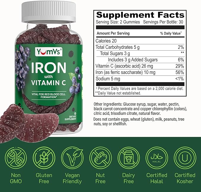 Iron Gummies Supplement with Vitamin C – 10 mg Iron Supplement – Great-Tasting Gummies Grape Flavor – Supports Immune Health & Helps with Iron Deficiency – Vegan, Kosher, Non-GMO – 60 Count