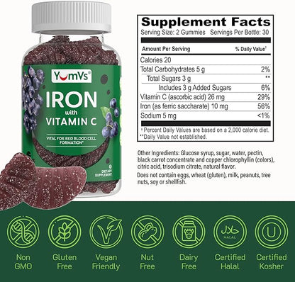 Iron Gummies Supplement with Vitamin C – 10 mg Iron Supplement – Great-Tasting Gummies Grape Flavor – Supports Immune Health & Helps with Iron Deficiency – Vegan, Kosher, Non-GMO – 60 Count