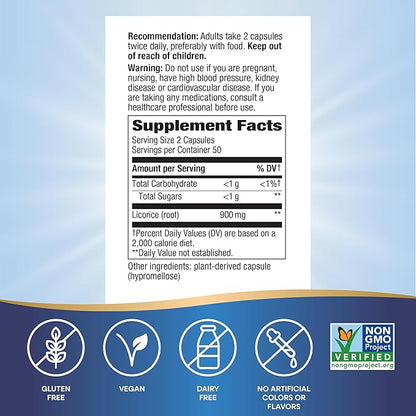 Nature's Way Licorice Root,Traditional Digestive Support Supplement*,900 mg per 2-Capsule Serving,Non-GMO Project Verified,100 Vegan Capsules (Packaging May Vary),(Pack of 2)