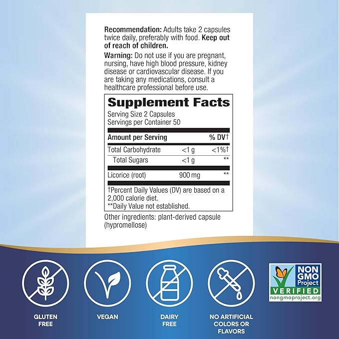 Nature's Way Licorice Root, Traditional Digestive Support Supplement*, 900 mg per 2-Capsule Serving, Non-GMO Project Verified, 100 Vegan Capsules (Packaging May Vary)